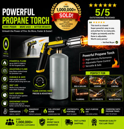Propane Torch — One-Touch Max Fire, Safety Lock, Adjustable Flame | BBQ, Searing, Fireplace