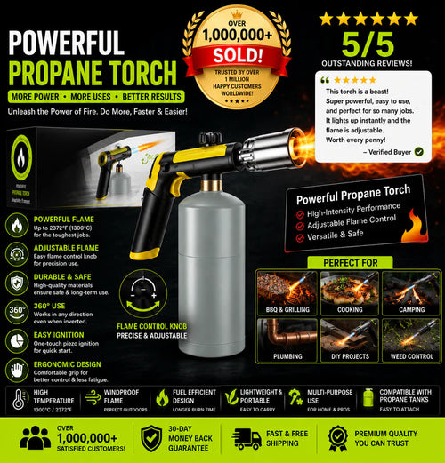 Propane Torch — One-Touch Max Fire, Safety Lock, Adjustable Flame | BBQ, Searing, Fireplace